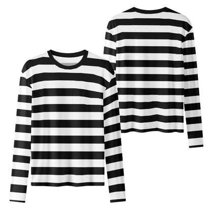 Black White Striped Women Long Sleeve Tshirt, Stripes Costume Ladies Female Designer Adult Graphic Aesthetic Fitted Crewneck Tee Shirt Top