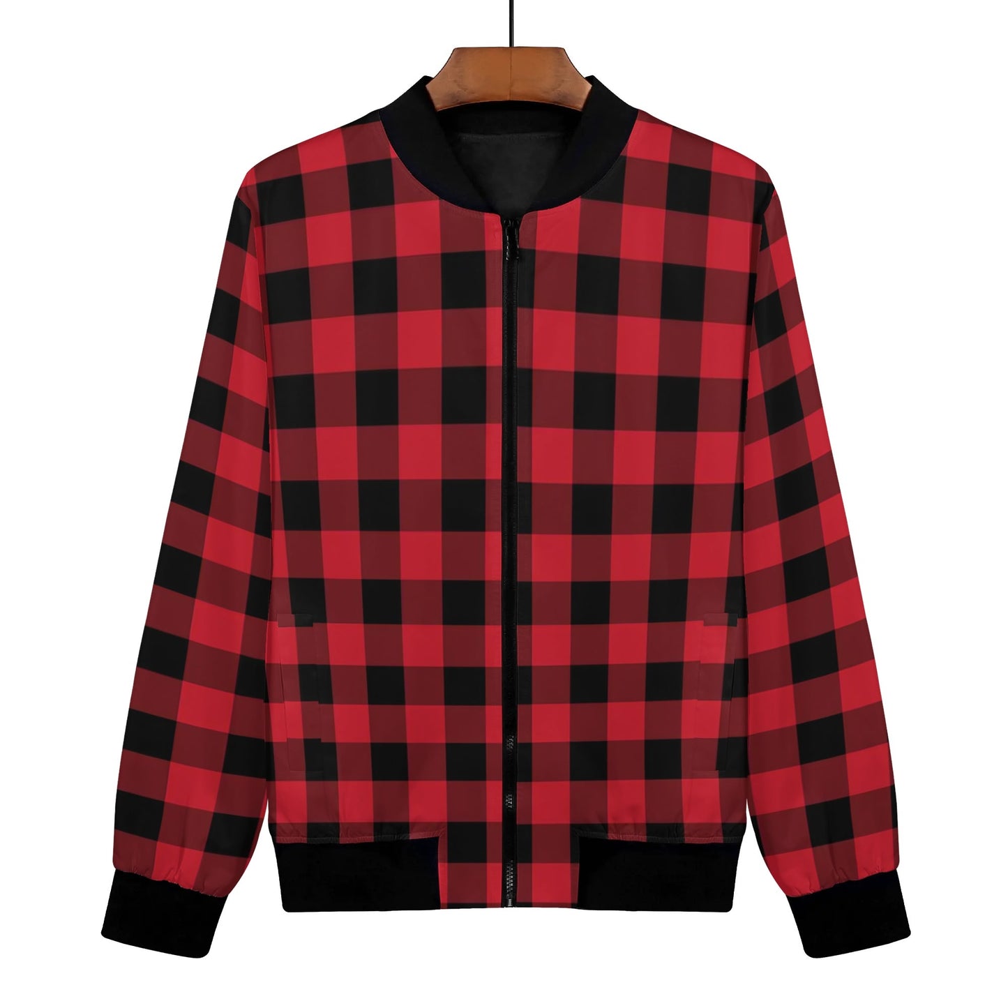 Red Black Buffalo Plaid Women Bomber Jacket, Check Ladies Female Zip Up Streetwear Winter Vintage Pilot Varsity Warm Designer Coat Plus Size