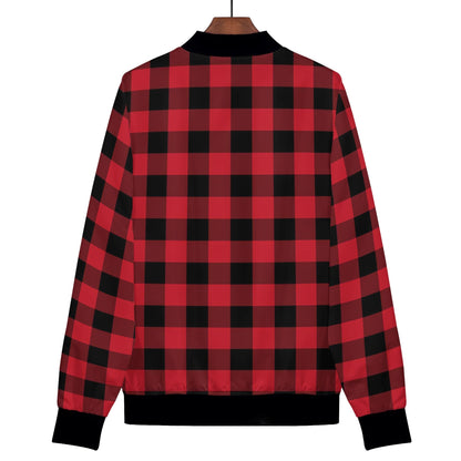 Red Black Buffalo Plaid Women Bomber Jacket, Check Ladies Female Zip Up Streetwear Winter Vintage Pilot Varsity Warm Designer Coat Plus Size