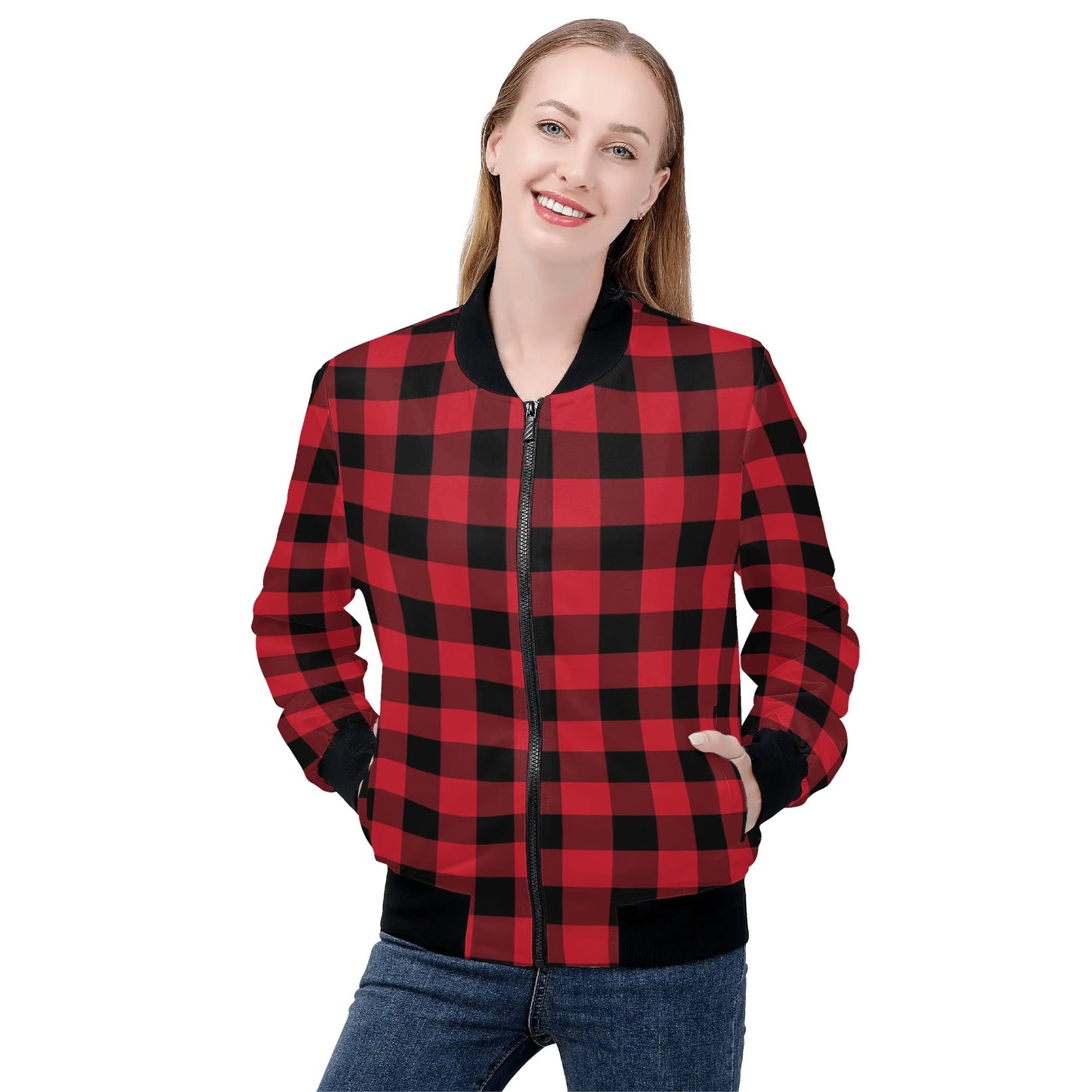 Red Black Buffalo Plaid Women Bomber Jacket, Check Ladies Female Zip Up Streetwear Winter Vintage Pilot Varsity Warm Designer Coat Plus Size