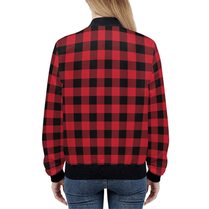 Red Black Buffalo Plaid Women Bomber Jacket, Check Ladies Female Zip Up Streetwear Winter Vintage Pilot Varsity Warm Designer Coat Plus Size