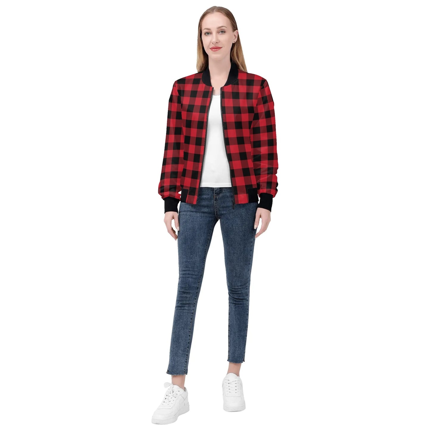 Red Black Buffalo Plaid Women Bomber Jacket, Check Ladies Female Zip Up Streetwear Winter Vintage Pilot Varsity Warm Designer Coat Plus Size