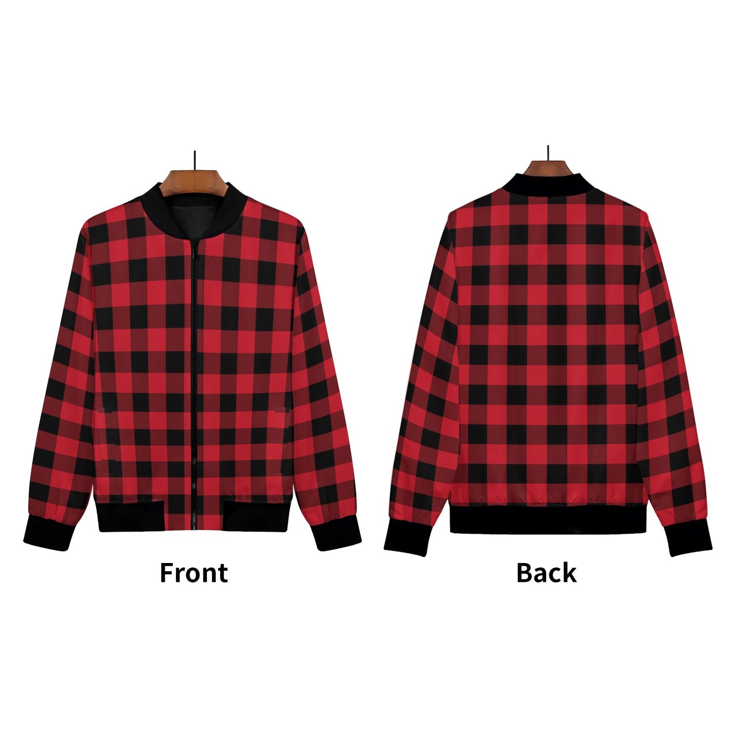 Red Black Buffalo Plaid Women Bomber Jacket, Check Ladies Female Zip Up Streetwear Winter Vintage Pilot Varsity Warm Designer Coat Plus Size