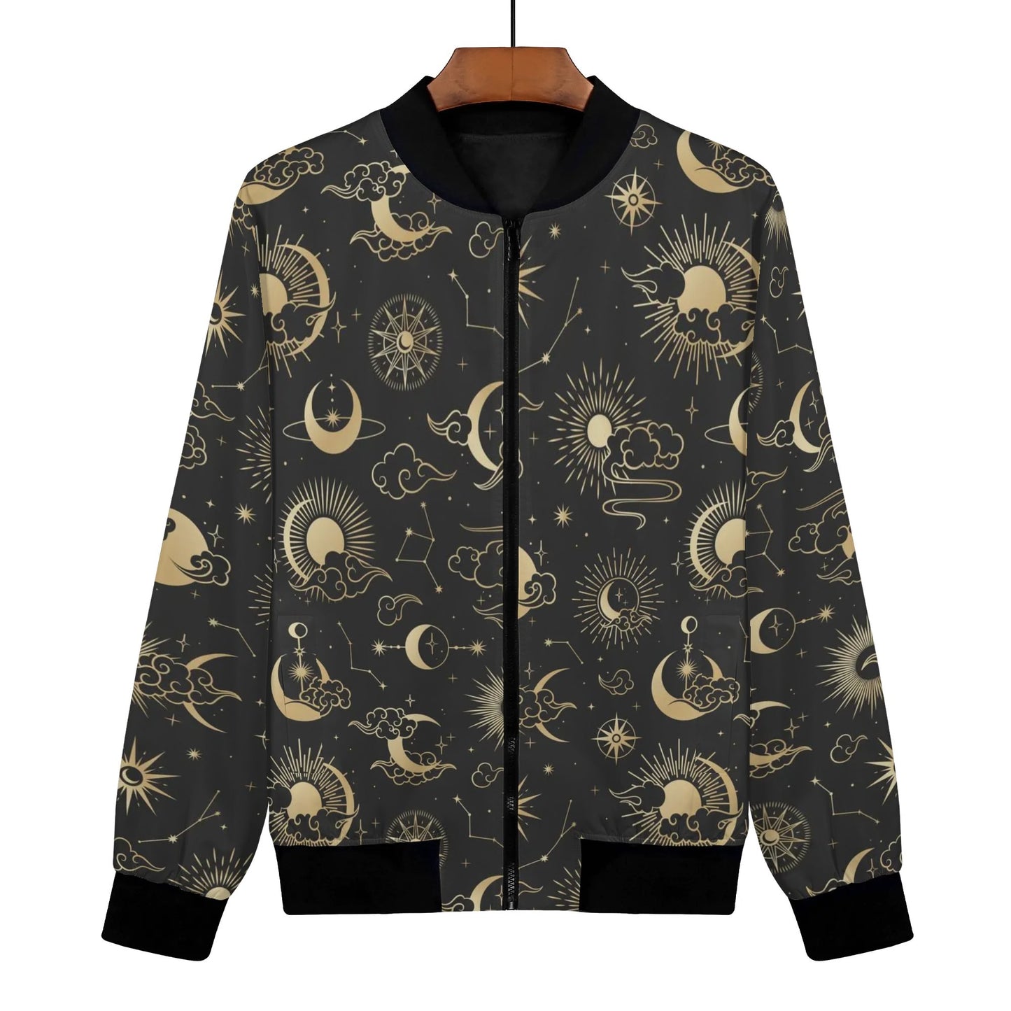 Sun Moon Women Bomber Jacket, Celestial Space Constellation Ladies Female Zip Up Winter Vintage Pilot Varsity Designer Coat Plus Size