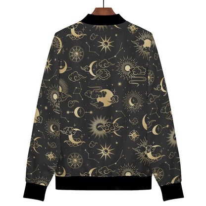 Sun Moon Women Bomber Jacket, Celestial Space Constellation Ladies Female Zip Up Winter Vintage Pilot Varsity Designer Coat Plus Size