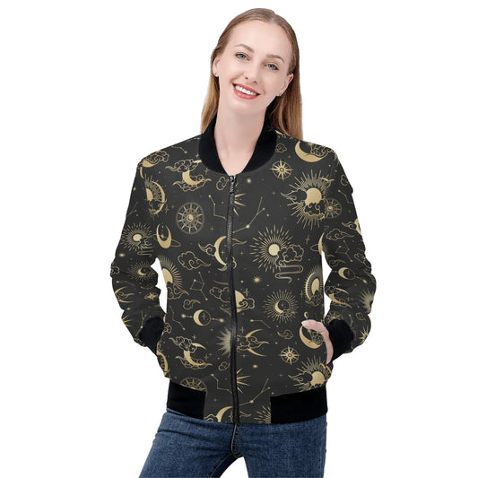 Sun Moon Women Bomber Jacket, Celestial Space Constellation Ladies Female Zip Up Winter Vintage Pilot Varsity Designer Coat Plus Size