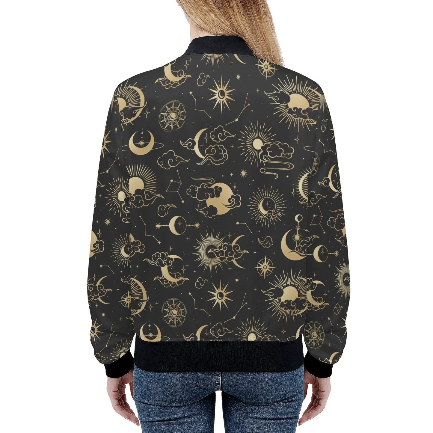 Sun Moon Women Bomber Jacket, Celestial Space Constellation Ladies Female Zip Up Winter Vintage Pilot Varsity Designer Coat Plus Size