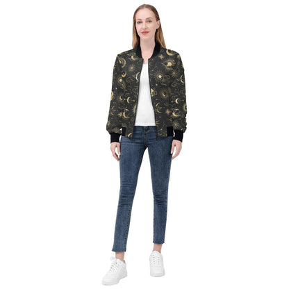 Sun Moon Women Bomber Jacket, Celestial Space Constellation Ladies Female Zip Up Winter Vintage Pilot Varsity Designer Coat Plus Size