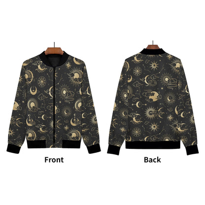 Sun Moon Women Bomber Jacket, Celestial Space Constellation Ladies Female Zip Up Winter Vintage Pilot Varsity Designer Coat Plus Size