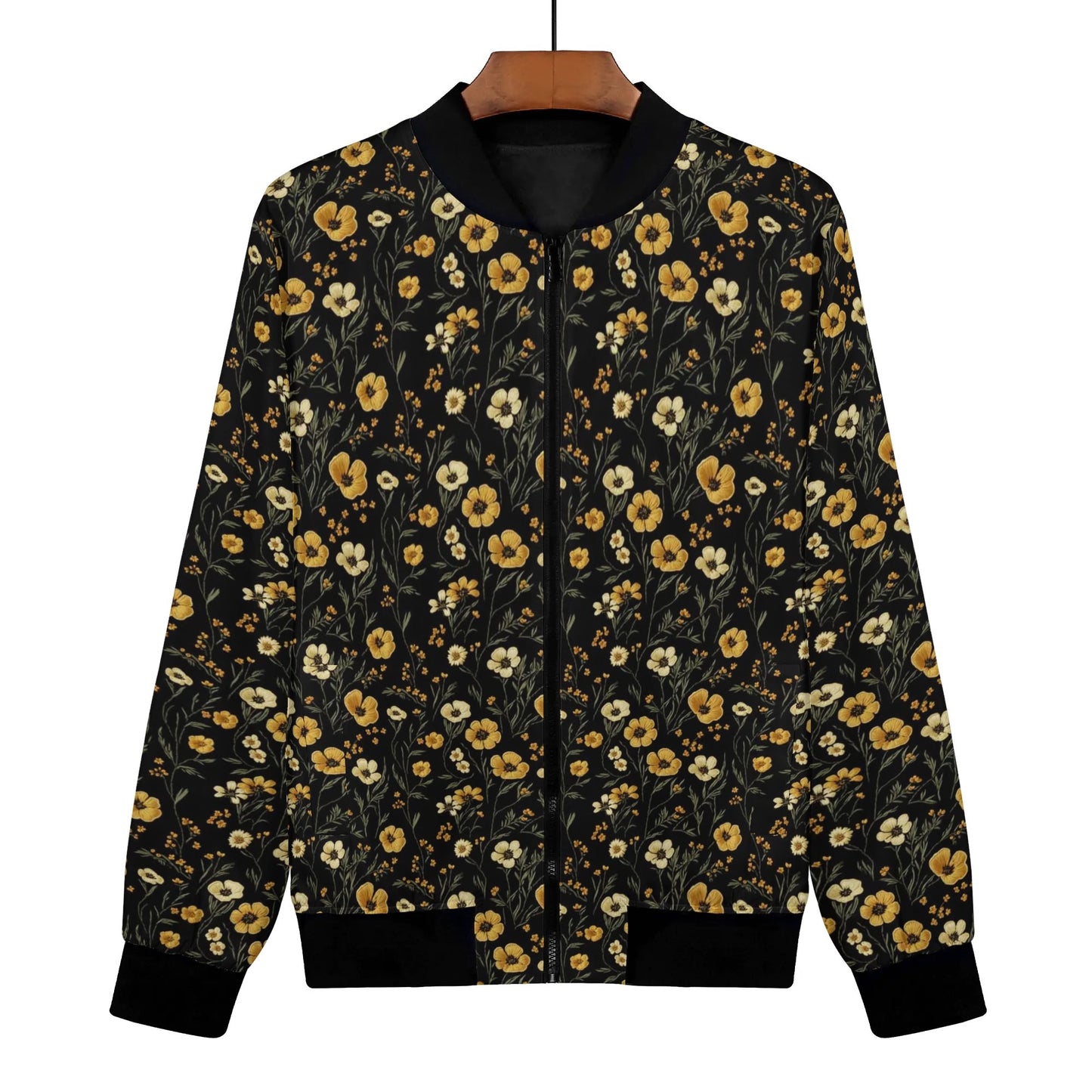 Yellow Flowers Women Bomber Jacket, Faux Embroidery Print Ladies Female Zip Up Streetwear Winter Vintage Varsity Designer Coat Plus Size