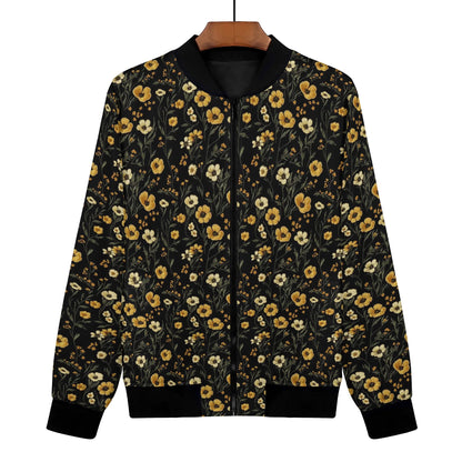 Yellow Flowers Women Bomber Jacket, Faux Embroidery Print Ladies Female Zip Up Streetwear Winter Vintage Varsity Designer Coat Plus Size