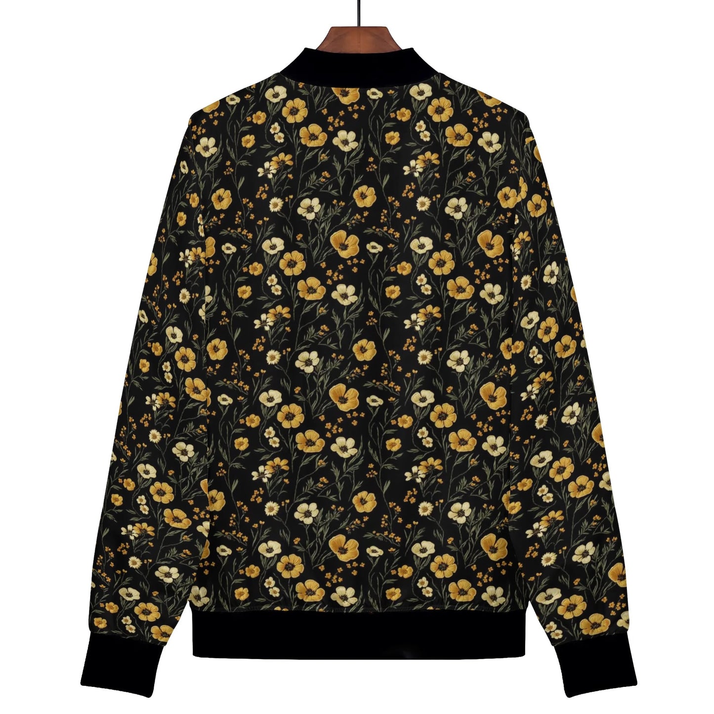 Yellow Flowers Women Bomber Jacket, Faux Embroidery Print Ladies Female Zip Up Streetwear Winter Vintage Varsity Designer Coat Plus Size