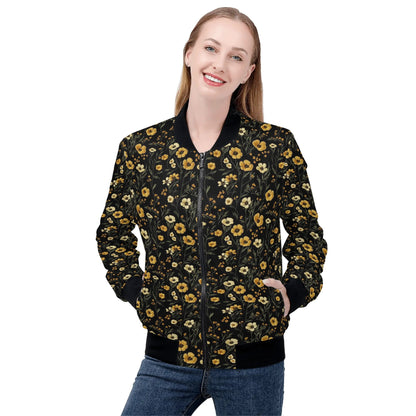 Yellow Flowers Women Bomber Jacket, Faux Embroidery Print Ladies Female Zip Up Streetwear Winter Vintage Varsity Designer Coat Plus Size