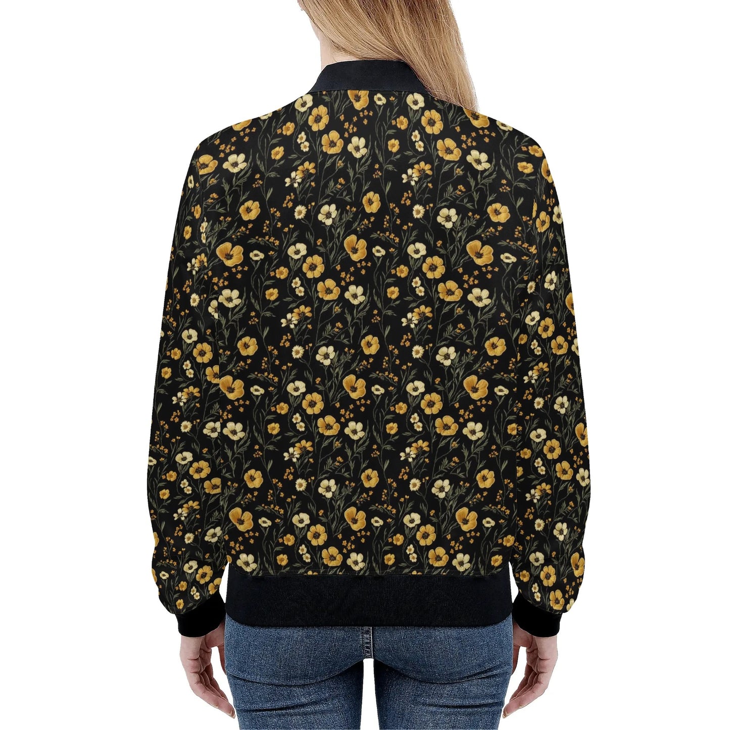 Yellow Flowers Women Bomber Jacket, Faux Embroidery Print Ladies Female Zip Up Streetwear Winter Vintage Varsity Designer Coat Plus Size