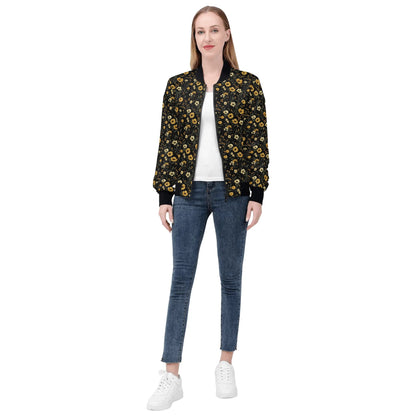 Yellow Flowers Women Bomber Jacket, Faux Embroidery Print Ladies Female Zip Up Streetwear Winter Vintage Varsity Designer Coat Plus Size