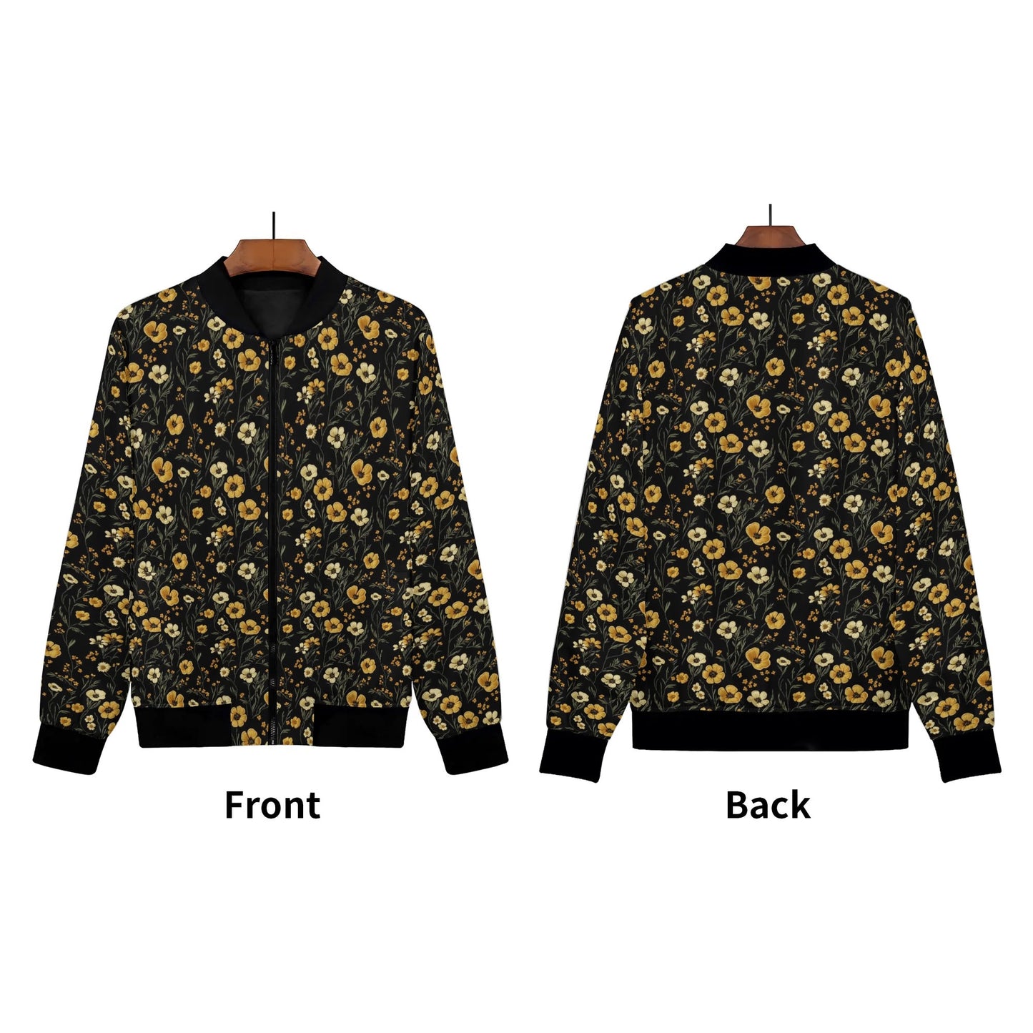 Yellow Flowers Women Bomber Jacket, Faux Embroidery Print Ladies Female Zip Up Streetwear Winter Vintage Varsity Designer Coat Plus Size