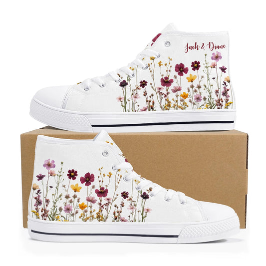 Custom Wedding Shoes, Flowers Floral Women High Top Bridal For Bride White Sneakers Personalized Name Date Lace Up Designer Comfortable