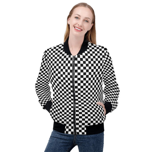 Checkered Women Bomber Jacket, Racing Black White Check Ladies Female Zip Up Streetwear Winter Vintage Varsity Warm Designer Coat Plus Size