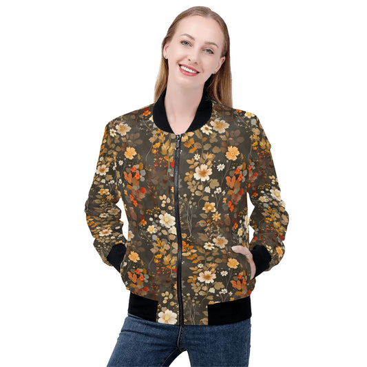 Brown Floral Women Bomber Jacket, Flowers Fall Autumn Ladies Black Female Zip Up Winter Vintage Pilot Varsity Warm Designer Coat Plus Size