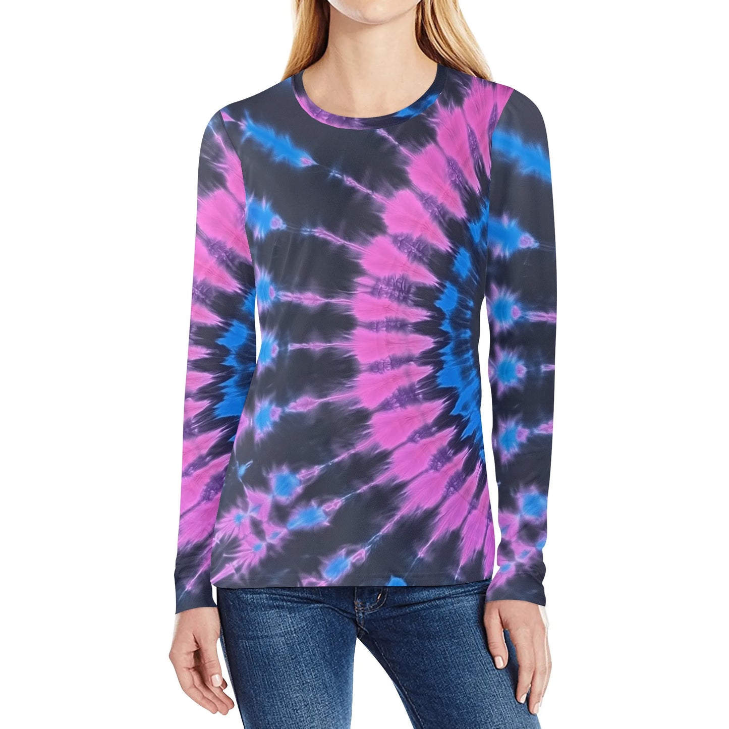 Pink Black Blue Tie Dye Women Long Sleeve Tshirt, Designer Fun Graphic Aesthetic Crew Neck Ladies Female Tee Top Shirt