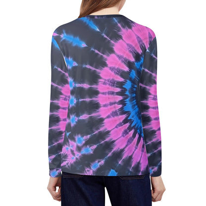 Pink Black Blue Tie Dye Women Long Sleeve Tshirt, Designer Fun Graphic Aesthetic Crew Neck Ladies Female Tee Top Shirt