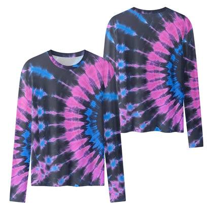 Pink Black Blue Tie Dye Women Long Sleeve Tshirt, Designer Fun Graphic Aesthetic Crew Neck Ladies Female Tee Top Shirt