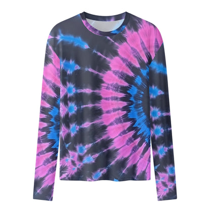 Pink Black Blue Tie Dye Women Long Sleeve Tshirt, Designer Fun Graphic Aesthetic Crew Neck Ladies Female Tee Top Shirt