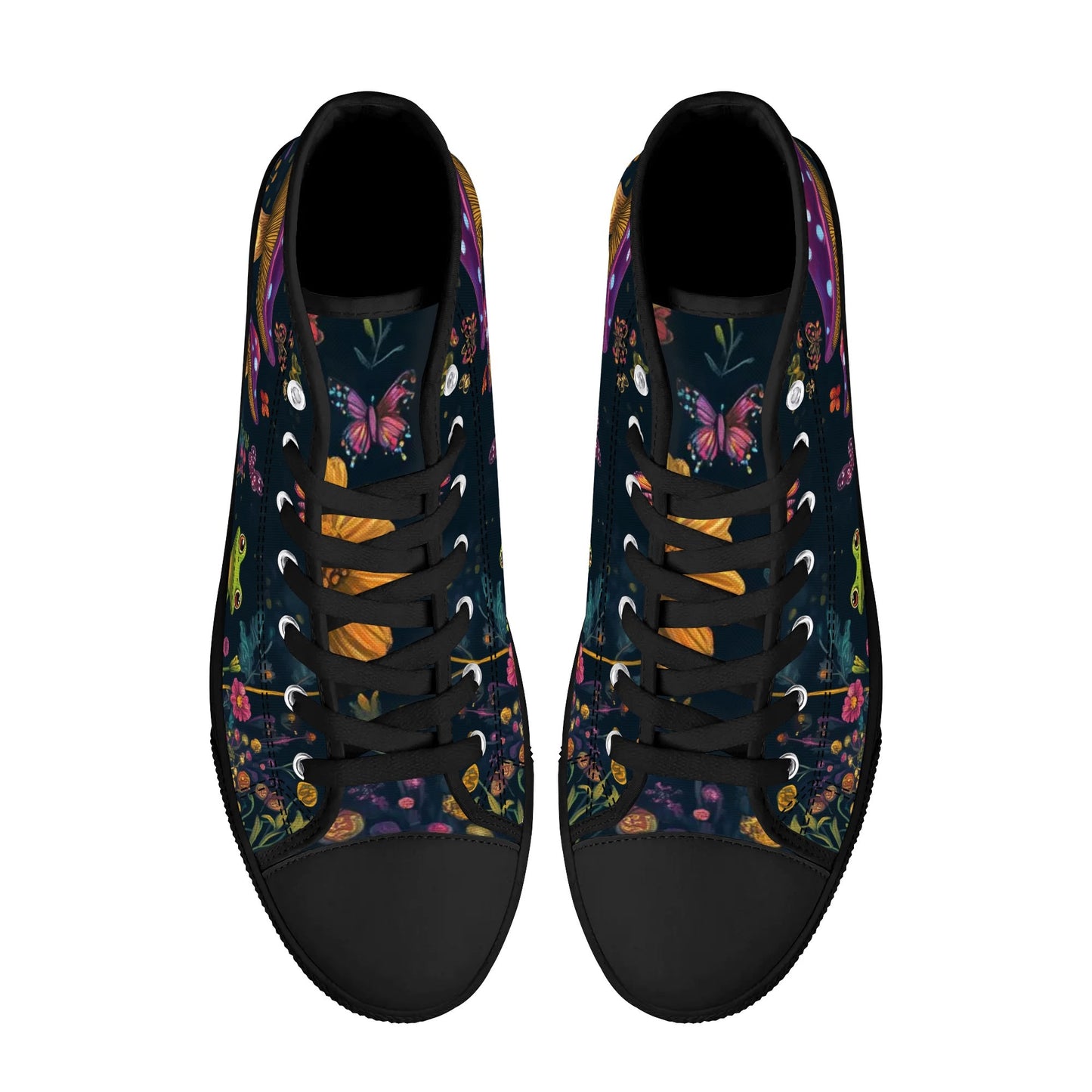 Mushroom Frog Women High Top Shoes, Floral Flowers Butterfly Nature Lace Up Sneakers Footwear Canvas Ladies Girls Black Trainers Designer