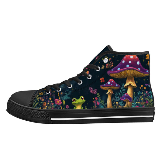 Mushroom Frog Women High Top Shoes, Floral Flowers Butterfly Nature Lace Up Sneakers Footwear Canvas Ladies Girls Black Trainers Designer