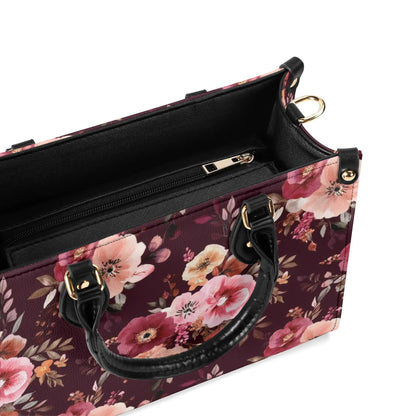 Burgundy Floral Shoulder Purse, Flowers Pink Vintage Crossbody Vegan Leather Top Handle Handbag Print Small Large Bag Women Ladies Designer