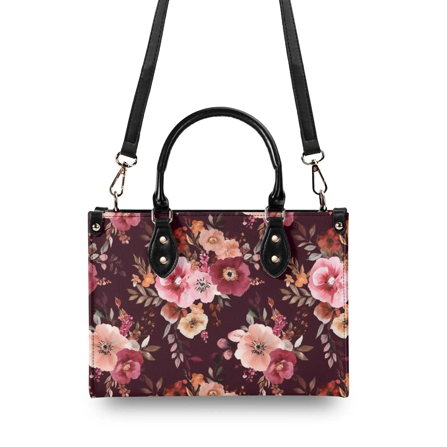 Burgundy Floral Shoulder Purse, Flowers Pink Vintage Crossbody Vegan Leather Top Handle Handbag Print Small Large Bag Women Ladies Designer