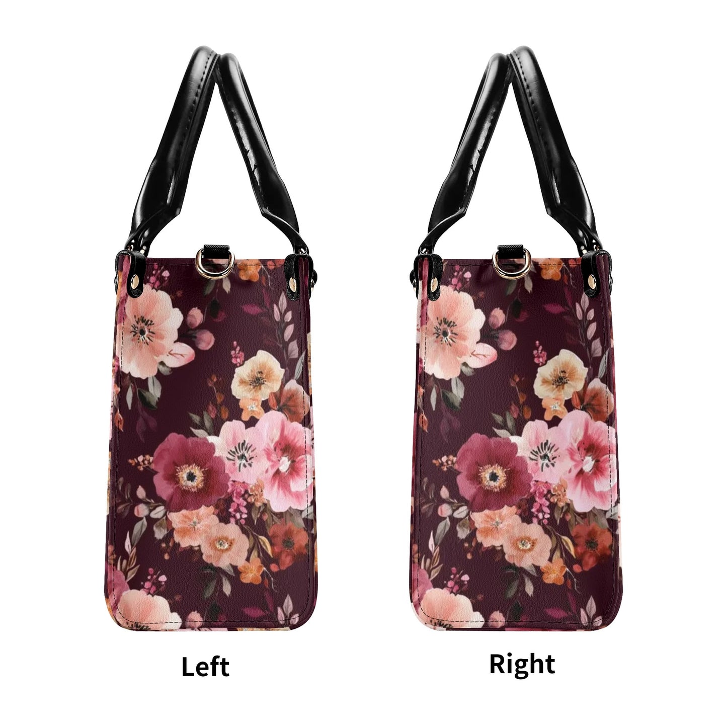 Burgundy Floral Shoulder Purse, Flowers Pink Vintage Crossbody Vegan Leather Top Handle Handbag Print Small Large Bag Women Ladies Designer