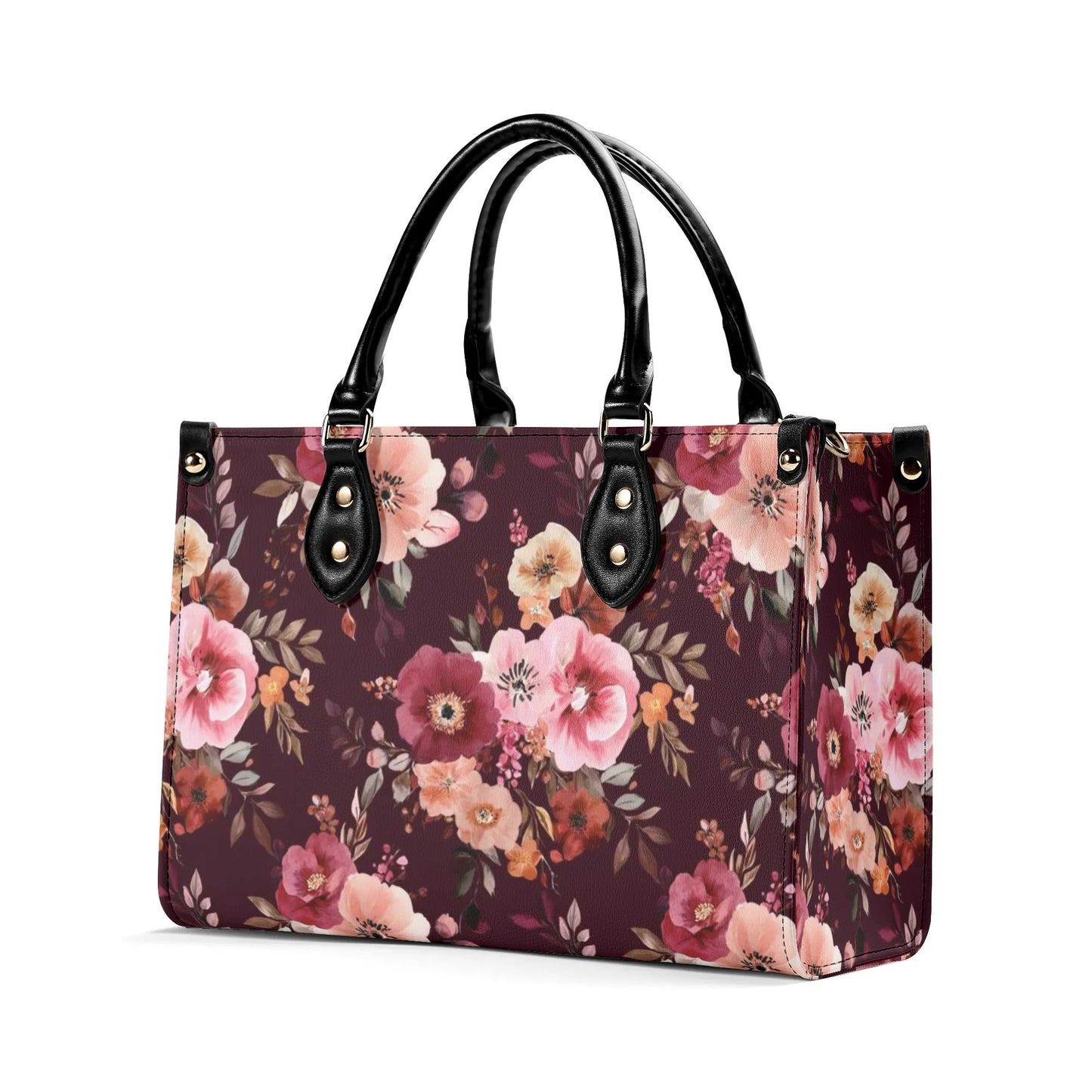 Burgundy Floral Shoulder Purse, Flowers Pink Vintage Crossbody Vegan Leather Top Handle Handbag Print Small Large Bag Women Ladies Designer