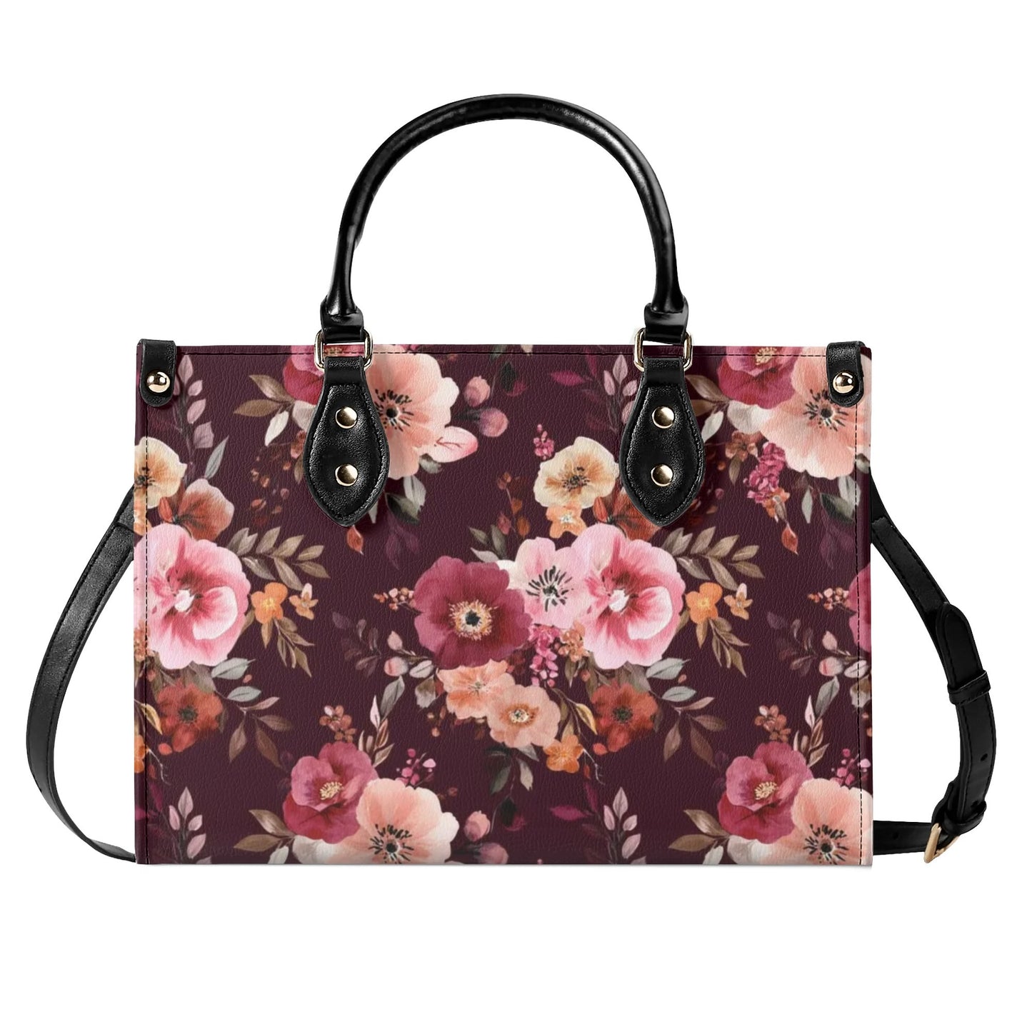 Burgundy Floral Shoulder Purse, Flowers Pink Vintage Crossbody Vegan Leather Top Handle Handbag Print Small Large Bag Women Ladies Designer