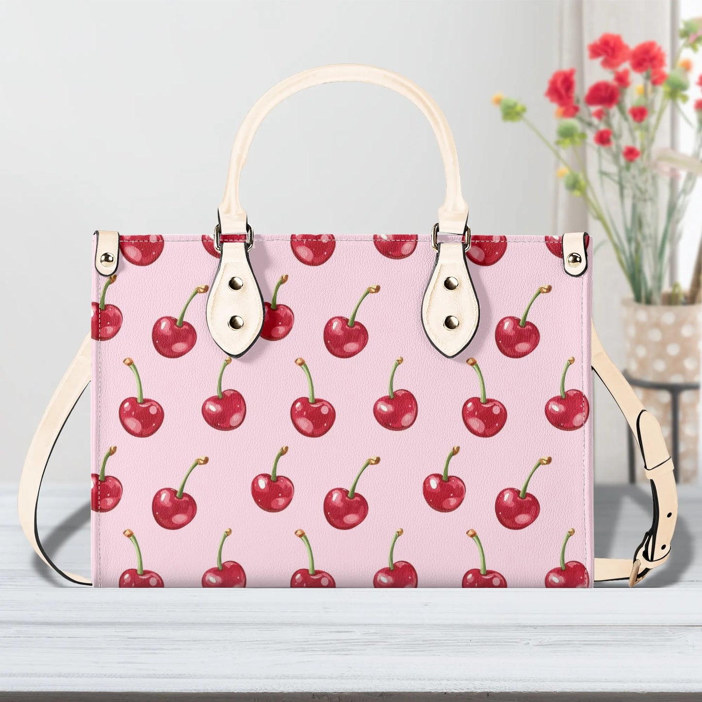 Red Cherry Pink Shoulder Purse, Fun Fruit Kawaii Crossbody Vegan Leather Top Handle Handbag Print Small Large Bag Women Ladies Designer