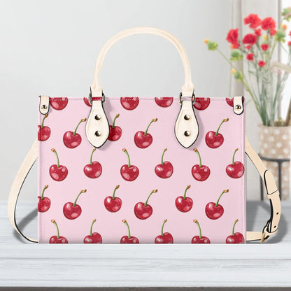 Red Cherry Pink Shoulder Purse, Fun Fruit Kawaii Crossbody Vegan Leather Top Handle Handbag Print Small Large Bag Women Ladies Designer