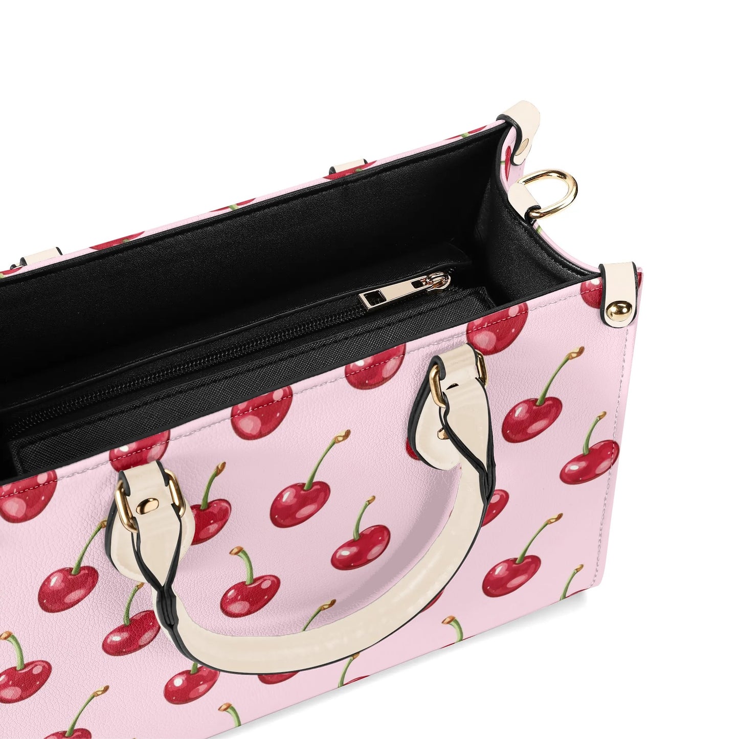 Red Cherry Pink Shoulder Purse, Fun Fruit Kawaii Crossbody Vegan Leather Top Handle Handbag Print Small Large Bag Women Ladies Designer