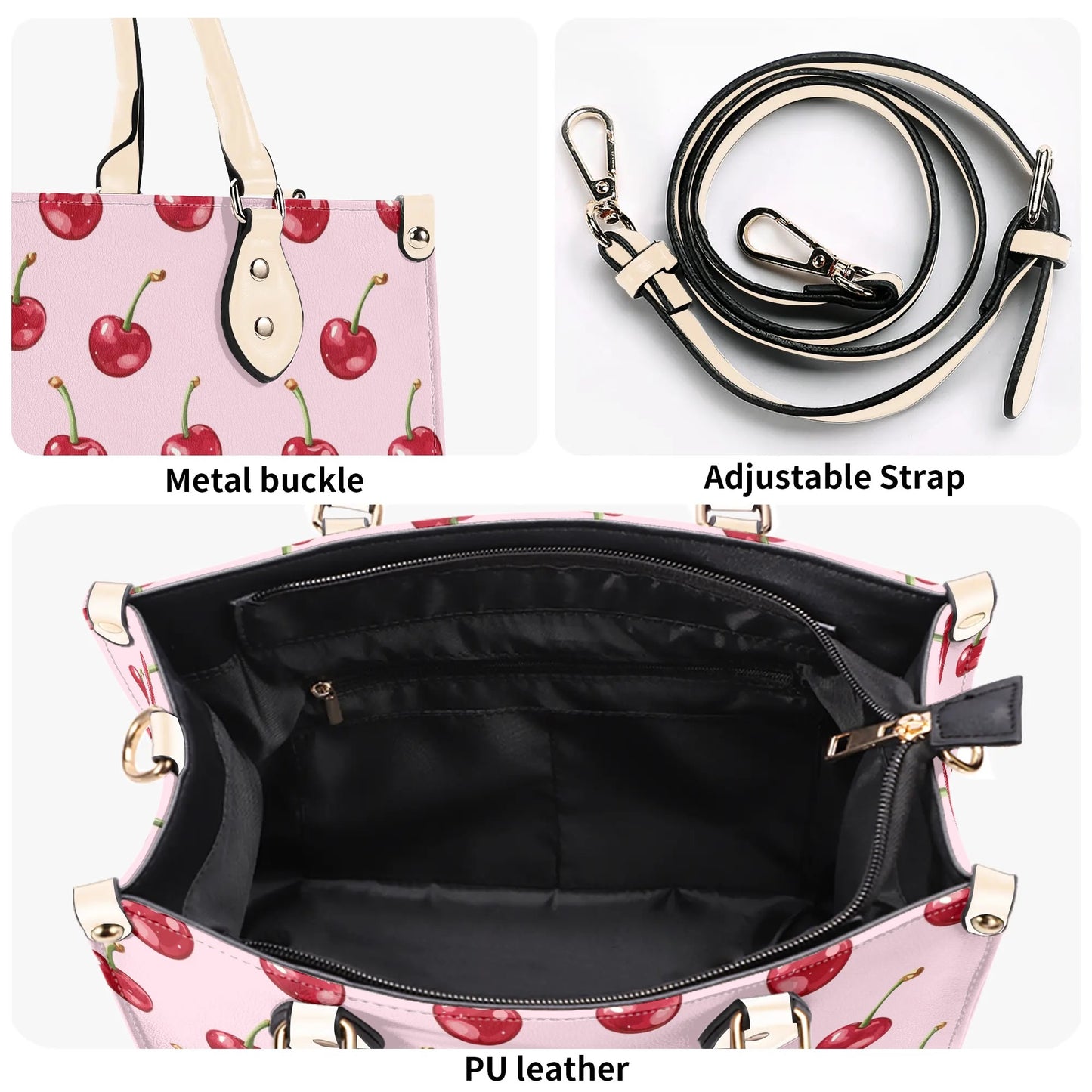 Red Cherry Pink Shoulder Purse, Fun Fruit Kawaii Crossbody Vegan Leather Top Handle Handbag Print Small Large Bag Women Ladies Designer