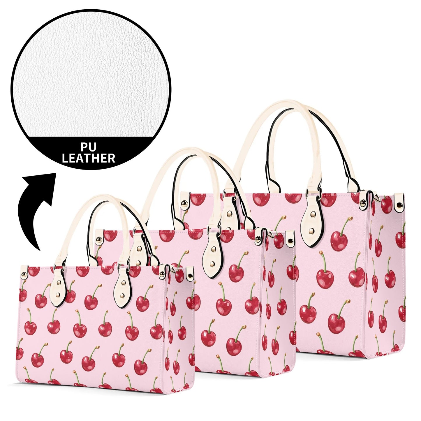 Red Cherry Pink Shoulder Purse, Fun Fruit Kawaii Crossbody Vegan Leather Top Handle Handbag Print Small Large Bag Women Ladies Designer