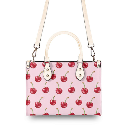 Red Cherry Pink Shoulder Purse, Fun Fruit Kawaii Crossbody Vegan Leather Top Handle Handbag Print Small Large Bag Women Ladies Designer