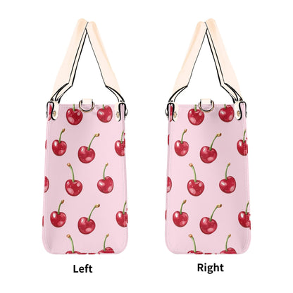 Red Cherry Pink Shoulder Purse, Fun Fruit Kawaii Crossbody Vegan Leather Top Handle Handbag Print Small Large Bag Women Ladies Designer