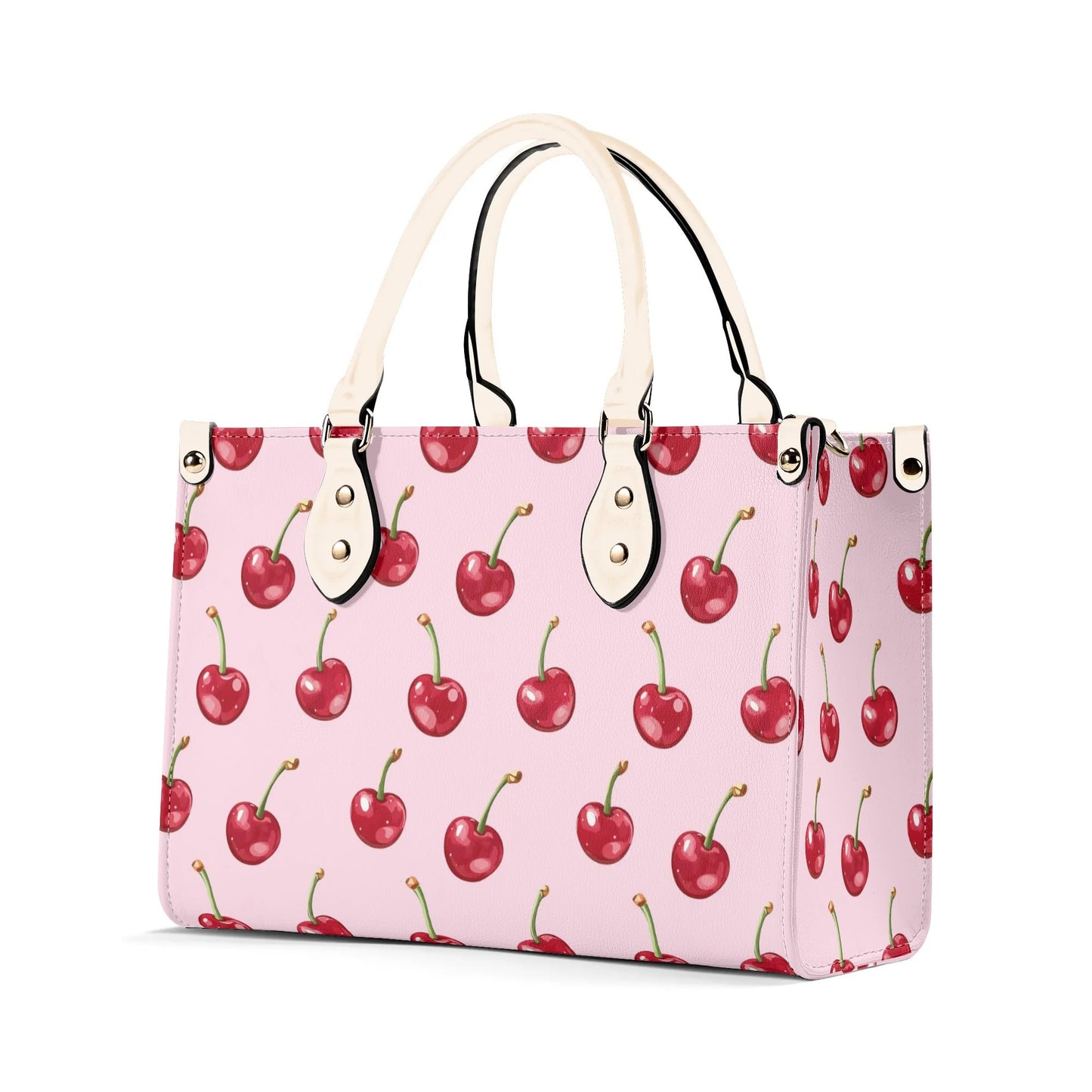 Red Cherry Pink Shoulder Purse, Fun Fruit Kawaii Crossbody Vegan Leather Top Handle Handbag Print Small Large Bag Women Ladies Designer