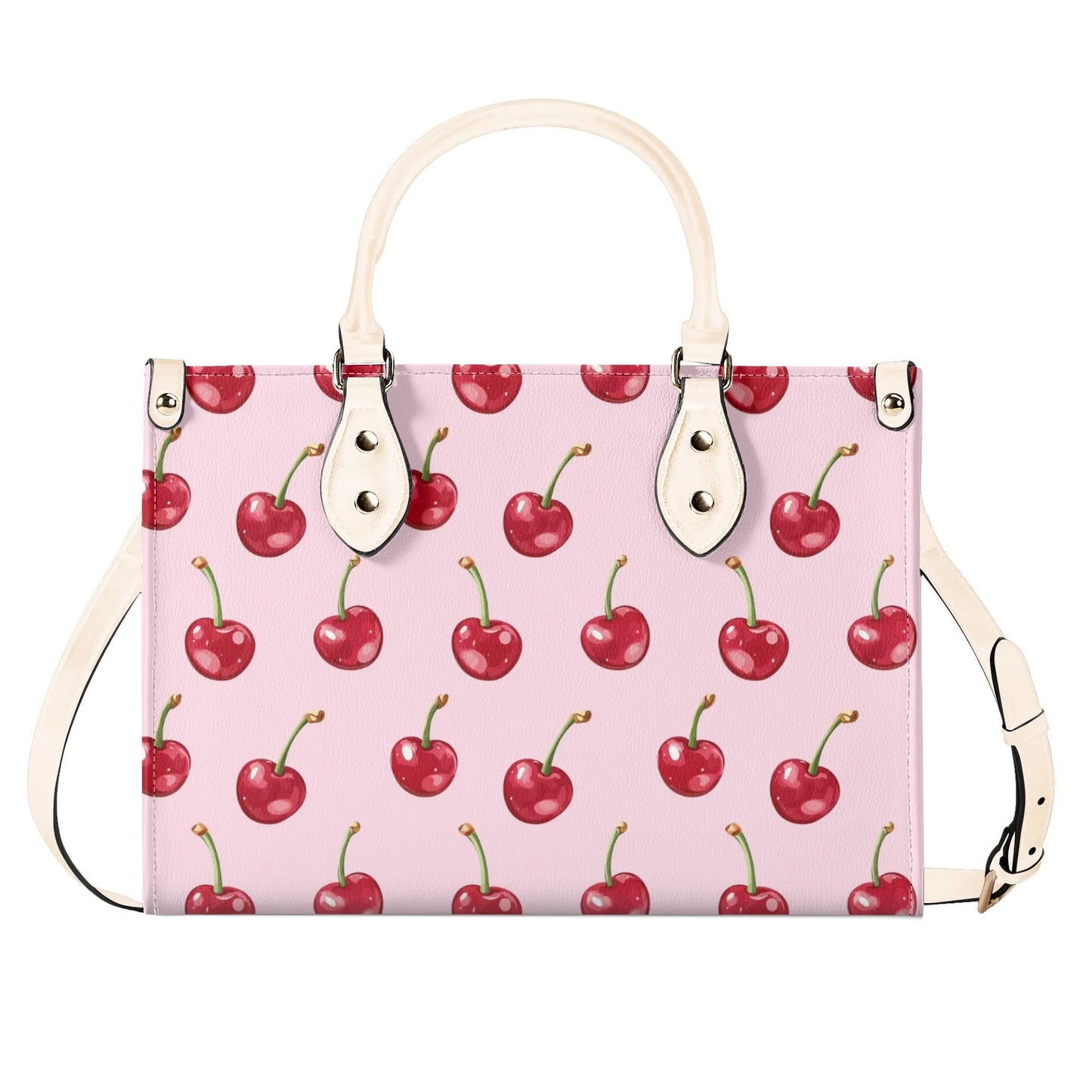 Red Cherry Pink Shoulder Purse, Fun Fruit Kawaii Crossbody Vegan Leather Top Handle Handbag Print Small Large Bag Women Ladies Designer