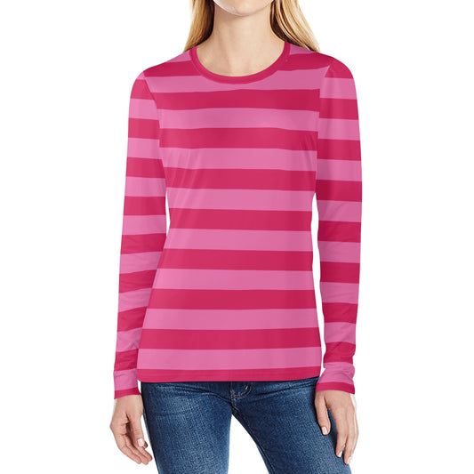 Pink and Red Striped Women Long Sleeve Tshirt, Designer Stripe Graphic Aesthetic Preppy Crew Neck Costume Ladies Female Tee Top Shirt