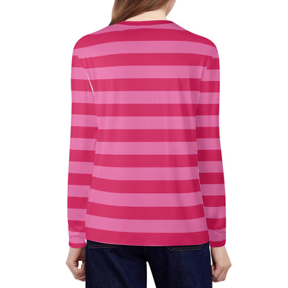 Pink and Red Striped Women Long Sleeve Tshirt, Designer Stripe Graphic Aesthetic Preppy Crew Neck Costume Ladies Female Tee Top Shirt