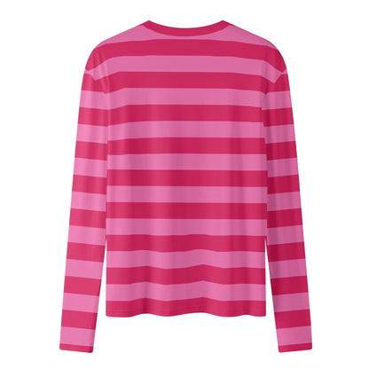 Pink and Red Striped Women Long Sleeve Tshirt, Designer Stripe Graphic Aesthetic Preppy Crew Neck Costume Ladies Female Tee Top Shirt