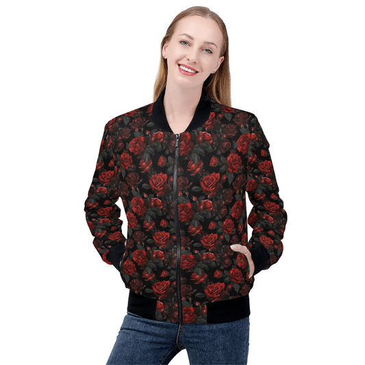 Red Roses Women Bomber Jacket, Black Floral Flowers Ladies Female Zip Up Streetwear Winter Vintage Varsity Warm Designer Coat Plus Size