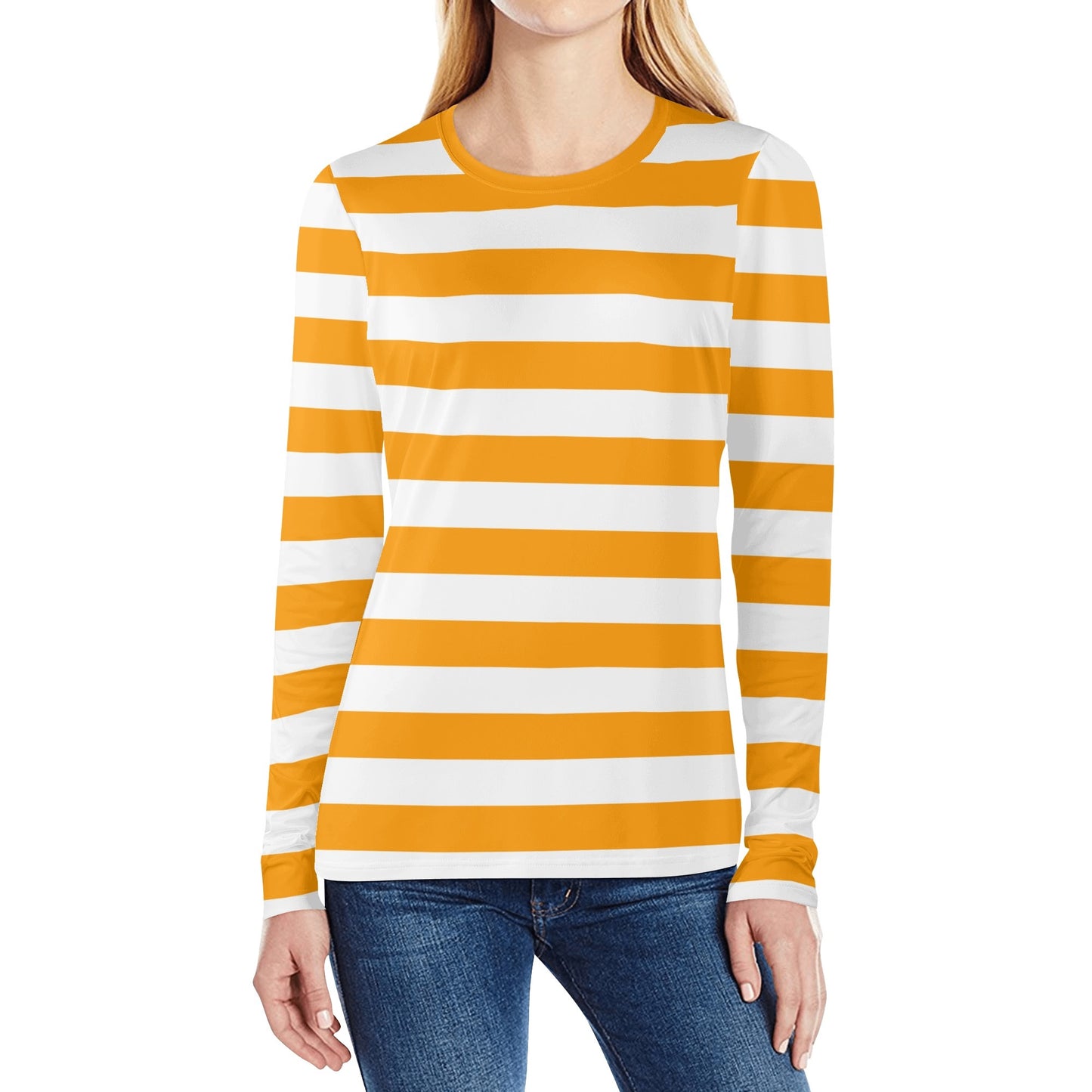 Orange and White Striped Women Long Sleeve Tshirt, Designer Stripe Graphic Aesthetic Costume Crew Neck Ladies Female Tee Top Shirt