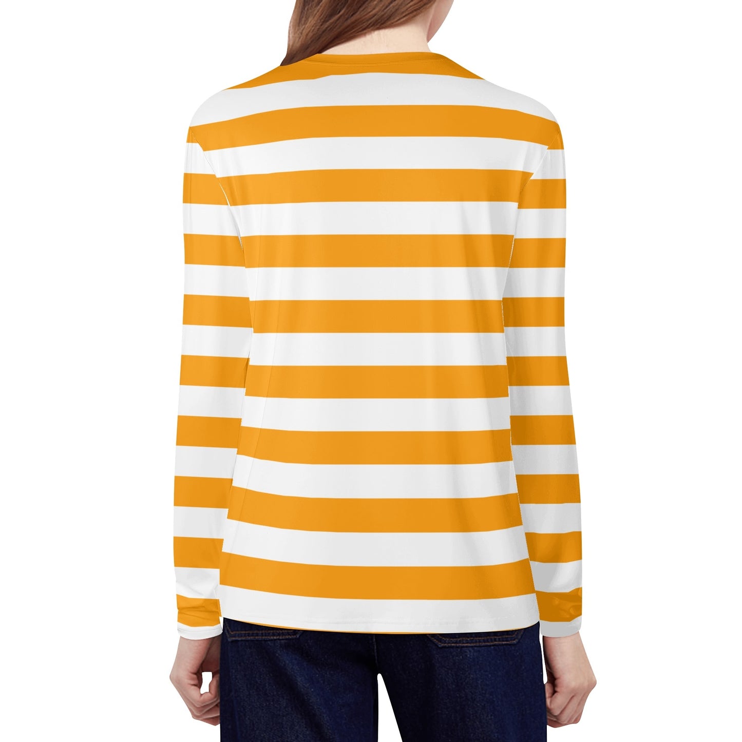 Orange and White Striped Women Long Sleeve Tshirt, Designer Stripe Graphic Aesthetic Costume Crew Neck Ladies Female Tee Top Shirt