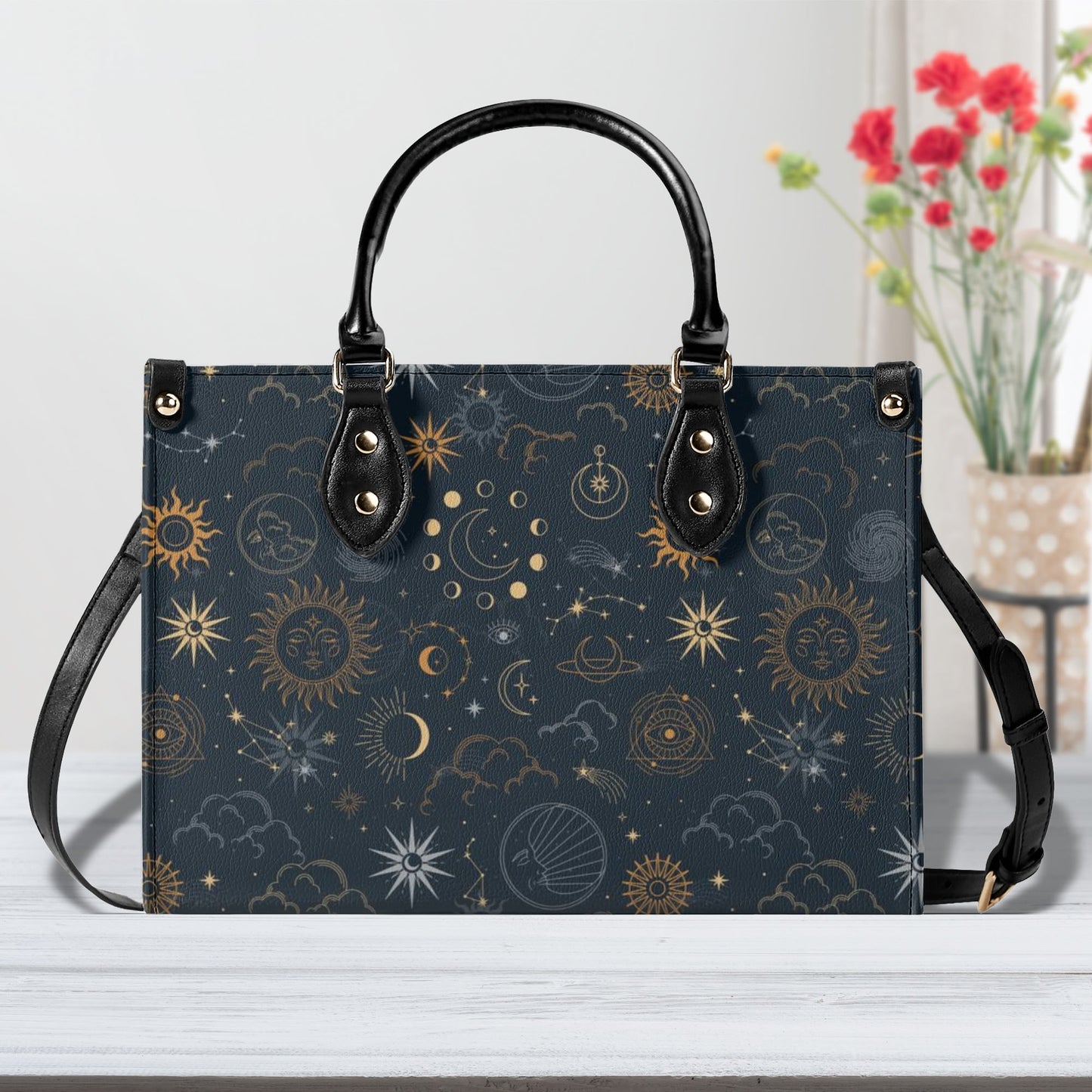 Sun Moon Stars Shoulder Purse, Celestial Space Galaxy Crossbody Vegan Leather Top Handle Handbag Print Small Large Bag Women Ladies Designer